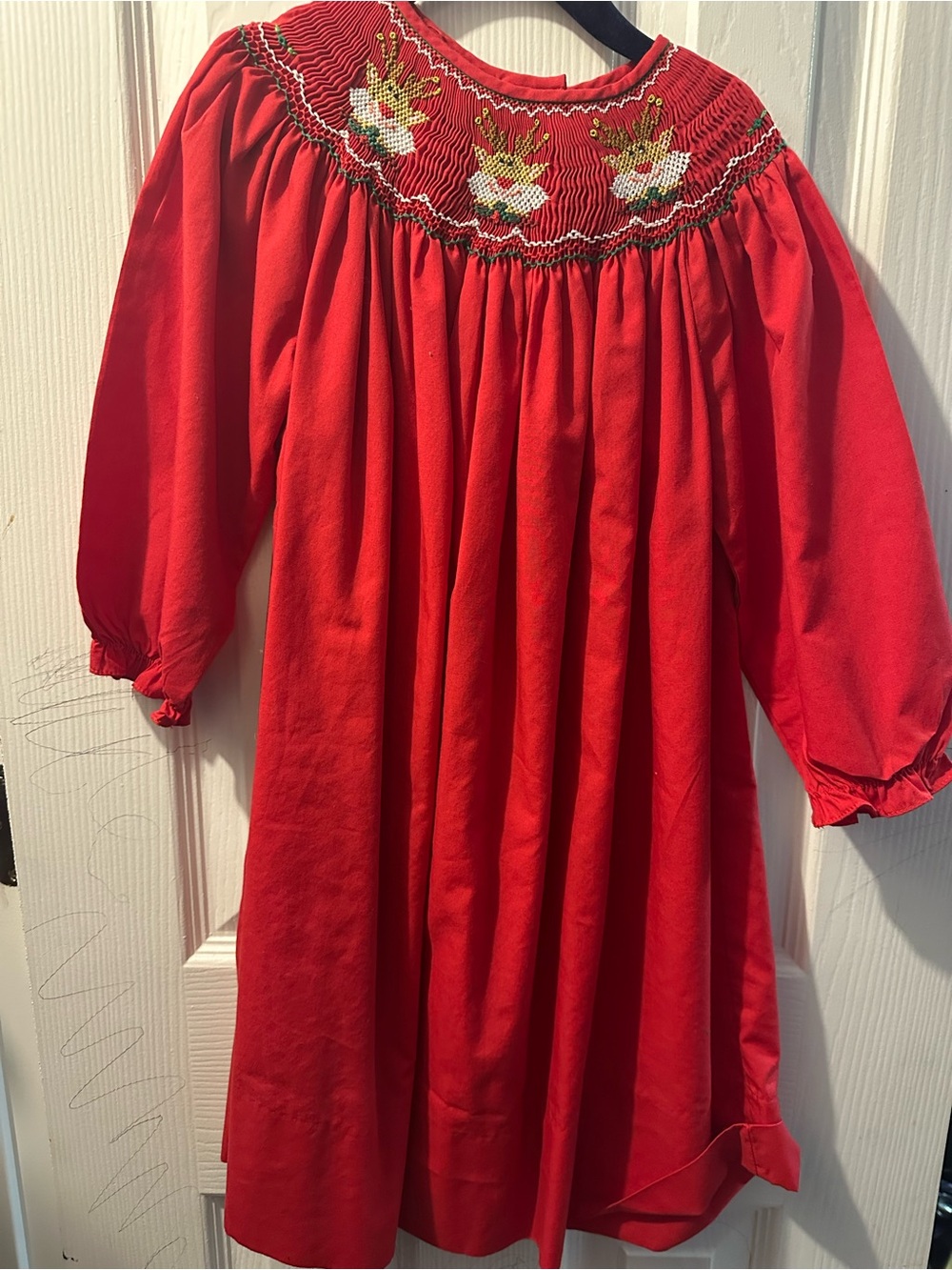 Girls' Red Smocked Floral Yoke Dress